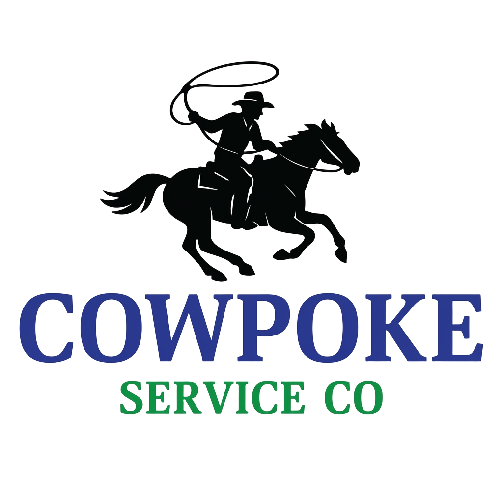 Cowpoke Service Co logo — cowboy roper on horseback